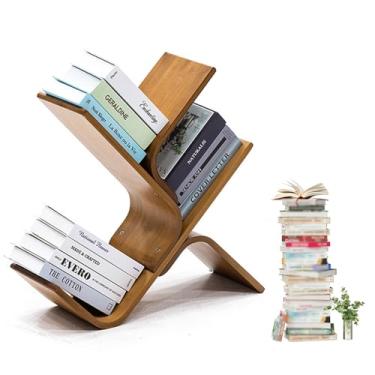 Imagem de Prateleira de livros de bambu para chão, estante de livros de árvore alta moderna, estante de canto pequena organizadora estreita para quarto, sala de estar, escritório em casa