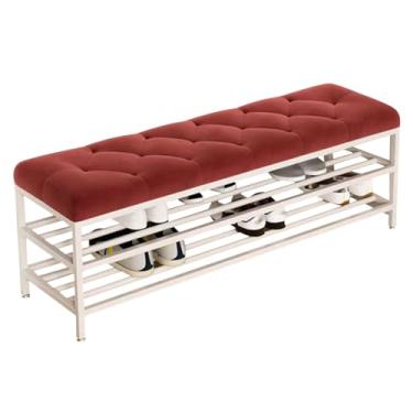 Imagem de Banco de armazenamento de sapatos estofado com almofada de veludo, sapateira com moldura de metal branco para entrada e sala de estar - Organizador elegante para sapatos e assentos