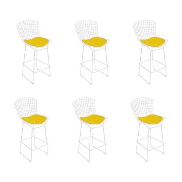 Imagem de Kit 6 Banquetas Bistrô Bertoia Branca D80 Com Assento Amarelo