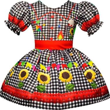 Imagem de Vestido Festa Junina Xadrez Preto de Luxo Mangas Bufantes Roupa Caipir