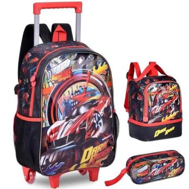 Imagem de Kit Mochila Carro Fast Machine Escolar Rodinha Tam G 2 em 1