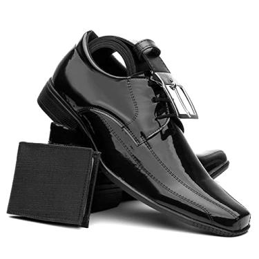 Imagem de Kit Sapato Social Masculino Verniz com Carteira e Cinto Cor:Natural;Tamanho:43