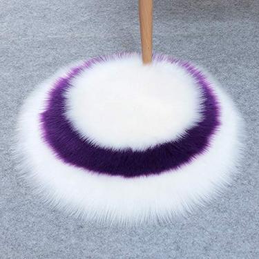 Imagem de Tapetes redondos falsos, tapete macio de pelo longo, padrão circular, antiderrapante, lavável para sala de estar, quarto, escritório, banheiro, varanda, sofá infantil, almofada para pés, branco, roxo