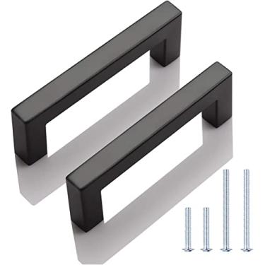 Imagem de KNOBWELL Pacote com 6 maçanetas pretas de aço inoxidável para armários de cozinha, puxadores de gaveta de cozinha estilo europeu - centros de furos 90 mm, comprimento total de 10 cm