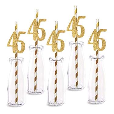 Imagem de Decoração de canudo de papel para aniversário de 45 anos, 24 unidades de números de corte de glitter dourado real para festas de 45 anos