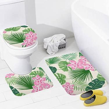 Imagem de Conjunto de tapetes de banheiro 3 peças Tropical Plumeria Flores Rosa Tapete de banheiro lavável Tapete antiderrapante Tapete de contorno e tampa para banheiro