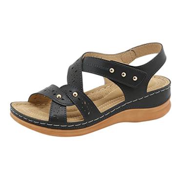 Imagem de CsgrFagr Sandálias femininas moda verão novo padrão sandálias romanas de cor sólida confortável cunha sandálias femininas macias espuma de memória, Preto, 6.5 3X-Narrow