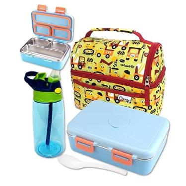 Imagem de kinsho Caixa Bento de aço inoxidável para meninos pequenos, lancheira isolada e conjunto de garrafa de água para crianças. Recipiente de lanche para crianças pequenas, creche de bebê ou almoços