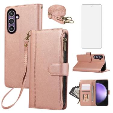 Imagem de Asuwish Capa de celular para Samsung Galaxy S23 FE 5G com zíper carteira celular com protetor de tela de vidro temperado alça transversal cordão suporte de cartão de couro S 23 EF S23FE 23S mulheres