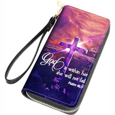 Imagem de FQTBCEARI Carteira feminina com estampa de Filipenses 4 a 13 com citações cruzadas de couro PU com zíper bolsa clutch para smartphone/cartão/moeda/dinheiro, Citação cruzada, versículos bíblicos, salmo