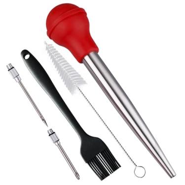Imagem de Smithcraft Baster de peru, seringa de aço inoxidável 18/8, conjunto de injetor de carne com 2 agulhas e 2 pincéis de limpeza, pastor de peru para sabor de carne, aves, carne bovina e frango, vermelho