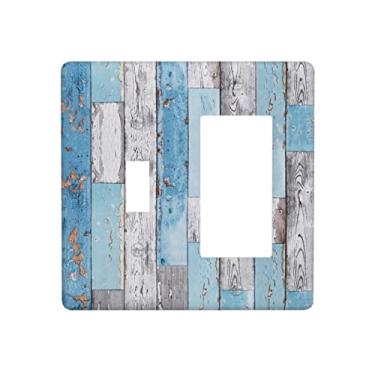 Imagem de Casa de fazenda rústica madeira azul 2 entradas interruptor simples/basculante combinação luz interruptor tampa decorativa placa de parede placa elétrica casa de fazenda cozinha decorar 11,4 cm x 11,5 cm