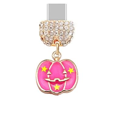 Imagem de ELISE & FONDA TP287 Tipo-C porta de carregamento USB cristal plugue antipoeira abóbora Halloween pingente para celular Samsung/Huawei/OnePlus/Xiaomi/oppo telefones Android (rosa), approx.1.9 cm (L) x