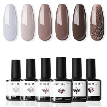 Imagem de Modelones Conjunto de esmalte de gel - 6 cores marrom chocolate café gel kit de esmalte marrom glitter gel de esmalte de unhas marrom nude cores marrom kit de unhas de gel de imersão arte de unhas presentes para mulheres faça você mesmo manicure casa