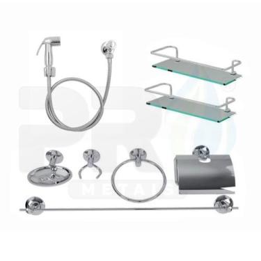 Imagem de KIT COMPLETO PARA BANHEIRO  2 Porta Shampoo Reto + 1 Kit Acessórios + 