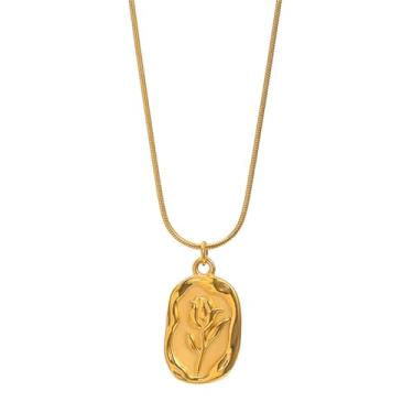 Imagem de QLUYCKW Colar tulipa para mulheres, vintage, com estampa de laca, ouro em relevo, oval, corrente de Natal, dia dos namorados, mês de nascimento, joias ajustáveis, presentes, Zinco, Sem Pedra Preciosa