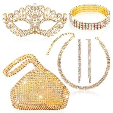 Imagem de Junkin Conjunto de 5 peças de máscara de strass para mulheres de cristal, conjunto de joias de cristal, bolsa de mão com glitter, colar com brilho, gargantilha, pulseira, pulseira, conjunto de brincos para mulheres, festa de casamento, Strass, cobre, Sem Pedra Preciosa