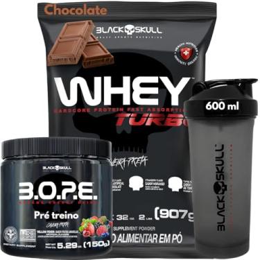 Imagem de Black Skull Whey Protein 907g + Pré-Treino 150g + Coqueteleira 600ml - Kit Caveira Preta (Whey Chocolate - Bope Frutas Vermelhas)