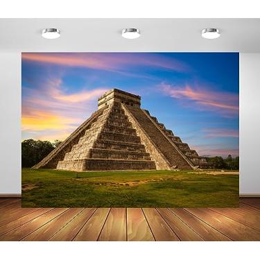 Imagem de BELECO Tecido 2,1 x 1,5 m Pirâmide Kukulkan em Chichen Itza pano de fundo antigas ruínas maias vista do pôr do sol maravilha do mundo cultura do México fundo de edifício histórico decoração de viagem