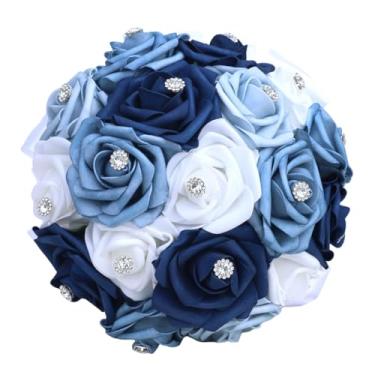 Imagem de IUTZCAXU Buquê de noiva de PE artificial marfim azul empoeirado para noivas damas de honra com enfeites de strass para propostas de casamento