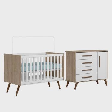 Imagem de Jogo de Quarto Infantil Q Encanto Retrô com Cômoda e Berço - Qmovi Carvalho/Branco