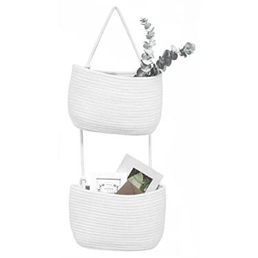 Imagem de Cesta para pendurar sobre a porta, cesta de tecido de corda de algodão de 2 camadas, organizador de cabides de revistas, cesta de armazenamento para pendurar na parede, decoração de casa de fazenda Boho para sala de estar, banheiro e quarto (branca)