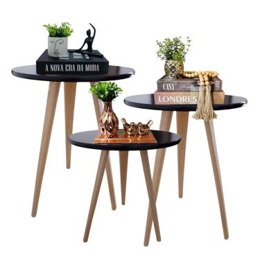 Imagem de Kit 3 Mesas Lateral De Canto Apoio Redonda Pé Palito Karina preto