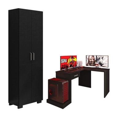 Imagem de Mesa Para Computador Gamer Drx 9000 Com Extensora E Livreiro Office Com Portas Grandes Preto Trama