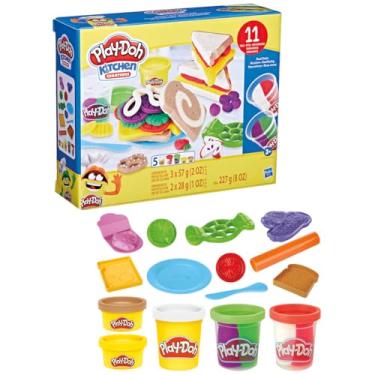 Imagem de Play-Doh Kitchen Creations Conjunto de massinha Sanduíches Coloridos kit de massinha com acessórios e 5 cores de massa Play-Doh, presente de Natal criativo para meninos e meninas acima de 3 anos