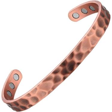 Imagem de M B | Pulseira de cobre puro para homens e mulheres – Bracelete de cobre martelado feito à mão – Pulseira ajustável de 17,3 cm para presente