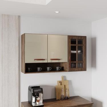 Imagem de Armário Aéreo Modulado Vazado Com Vidro Fidelitá Lisboa 120cm 3 Portas Noce/Off-White