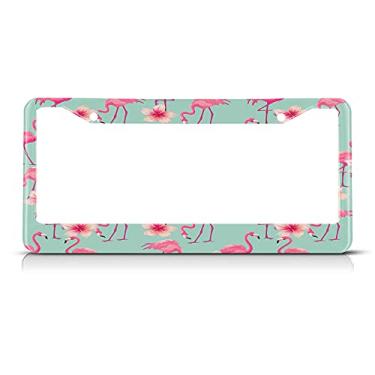 Imagem de Beabes Moldura para placa de carro flamingo rosa molduras para etiquetas de automóveis, flores tropicais, suporte para placas de licença com 2 furos, meninas, moderna, decorativa, carro, caminhão, motocicleta, placas de identificação para homens e mulheres