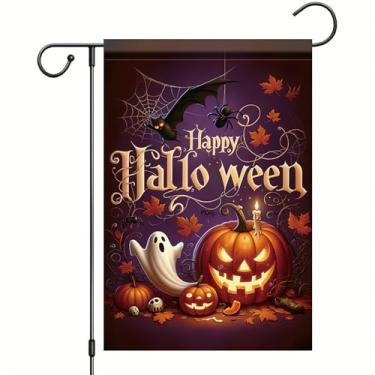 Imagem de Starlit Patio Bandeira de jardim de Halloween Happy Halloween abóbora fantasma bandeira dupla face exterior quintal banner outono decoração sazonal para jardim, gramado, pátio, festa, outono