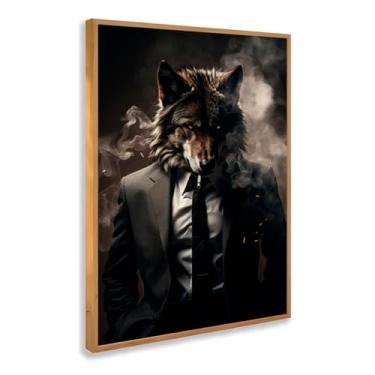 Imagem de Quadro Decorativo Lobo Terno Escuro Com Moldura Animal Misterioso Forte Elegante Fumaça Olhar Intenso Preto Criativo Estilo Masculino