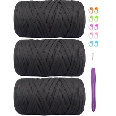 Imagem de Camiseta de 400 g de tecido elástico de crochê para tricô DIY, fio de crochê grosso espaguete para mão, bolsa faça você mesmo, cesta, projetos de crochê, decoração de casa (preto)