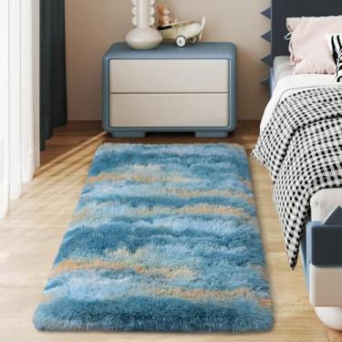 Imagem de Ailyei Tapetes macios para corredores de quarto, 5 x 10 cm abstrato azul fofo tapete antiderrapante para dormitório de cabeceira, tapete peludo longo e felpudo para berçário e sala de estar