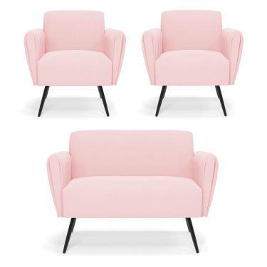 Imagem de Sofá Namoradeira Com 2 Poltronas Pés Palito De Ferro Bruna Suede - D\'rossi Cor Rosa Bebê