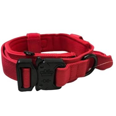 Imagem de Coleira Tática Militar Ajustável Resistente Para Cachorro Com Alça Treinamento Pet Grande Porte(Vermelho/Fivela de Plástico,XL)