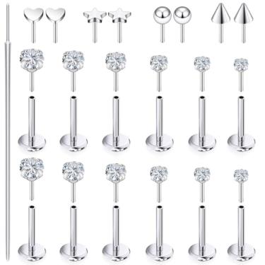 Imagem de Msndnkwo Brincos de nariz sem rosca CZ para mulheres e homens 316L aço cirúrgico push in flat back brincos CZ labret lábio nariz narina tragus helix piercing joias hipoalergênico 20G 18G 16G, Metal