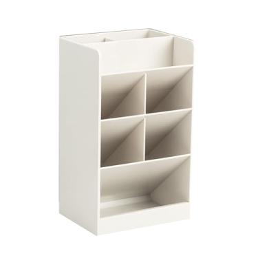 Imagem de Pen Holder Titular Lápis Organizador de mesa de grande capacidade 5 Compartimentos Projeto inclinado Armazenamento multiuso para o escritório da escola em casa Plástico premium (Bege)
