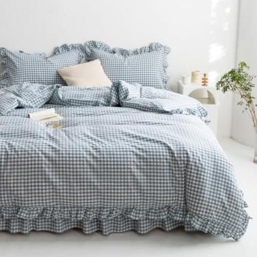 Imagem de mixinni Capa de edredom azul branco guingão com babados Twin XL tamanho 3 peças - 100% algodão lavado, jogo de cama xadrez vintage com babados com laços de zíper, macio quadriculado quadriculado