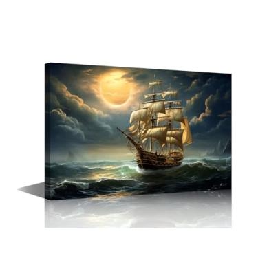 Imagem de Arte de parede em tela de navio à vela para sala de estar decoração de casa pôster de veleiro impressões em tela navio pirata horizonte marítimo viajantes decorações de parede para quarto banheiro