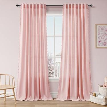 Imagem de Cortinas boho extralongas de 272 cm de comprimento, bolso rosa e aba traseira filtrada e respirável semitransparente, cortina boêmia de borla para sala de estar, 132 x 278, 2 painéis