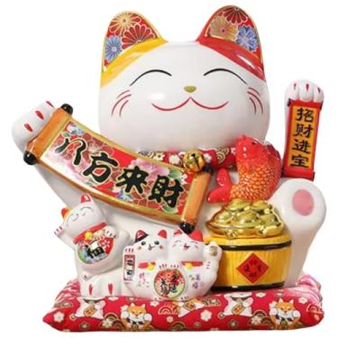 Imagem de HODESunPure Gato da sorte chinês estátua braço acenando cerâmica Maneki Neko Dinheiro Fortune Cat Decorações para abertura de loja, escritório, caixa registradora, decoração de mesa (28 cm)