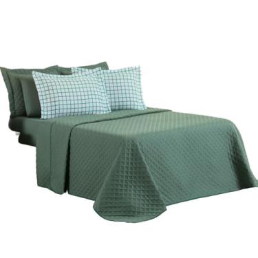 Imagem de Colcha Coxa Cobre Leito Jogo Roupa Cama Edredom Casal 5 Peças Matelado Bordado Linha Harmonia Verde Luxo