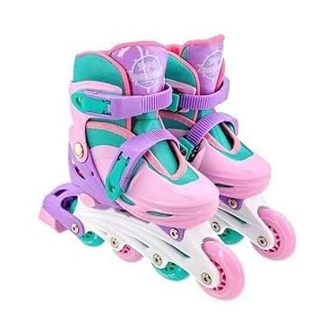 Imagem de Kit Patins Infantil Ajustável 2 em 1, Inline E Triline 30-33, com kit de Proteção, Rosa Claro