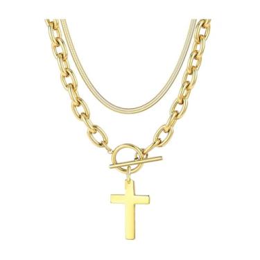 Imagem de Colar de cruz em camadas ouro prata aço inoxidável cobra corrente clipe de papel clipe de papel colar para mulheres homens charme joias cristãs modernas, Metal, Sem Pedra Preciosa