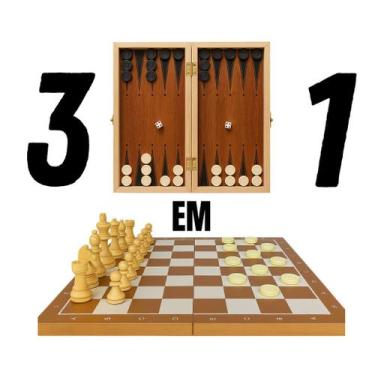 Imagem de Jogo Xadrez Damas Gamão 3 em 1 Tabuleiro de Madeira 34x34cm com Estojo