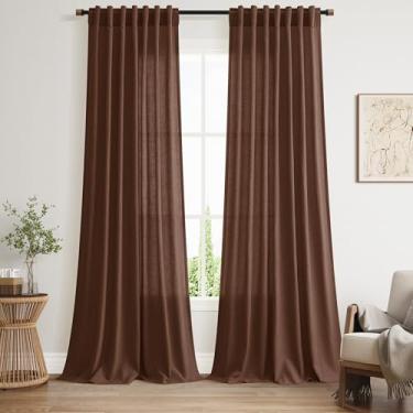 Imagem de Cortinas extra longas de linho marrom mocha 300 cm para sala de estar, bolso traseiro, aba traseira, filtro de luz, cortinas semitransparentes, cortinas de teto alto para casa de fazenda rústica