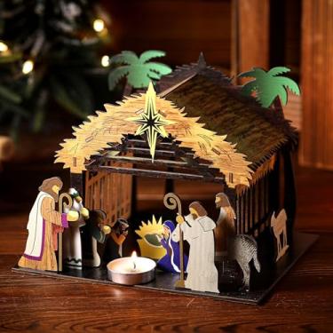 Imagem de AceOrbit Presépio de Natal de madeira com estrela de telhado decorações de mesa de madeira de Natal decoração de Natal estábulo decoração de Natal vintage para mesa de cozinha de férias prateleira de